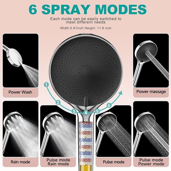 6“ Filtered Shower Head with Handheld, 6-Spray High Pressure Shower Head with Filter for Hard Water, Detachable Handheld Showerhead with Hose and Shower Arm Bracket, Chrome-Black