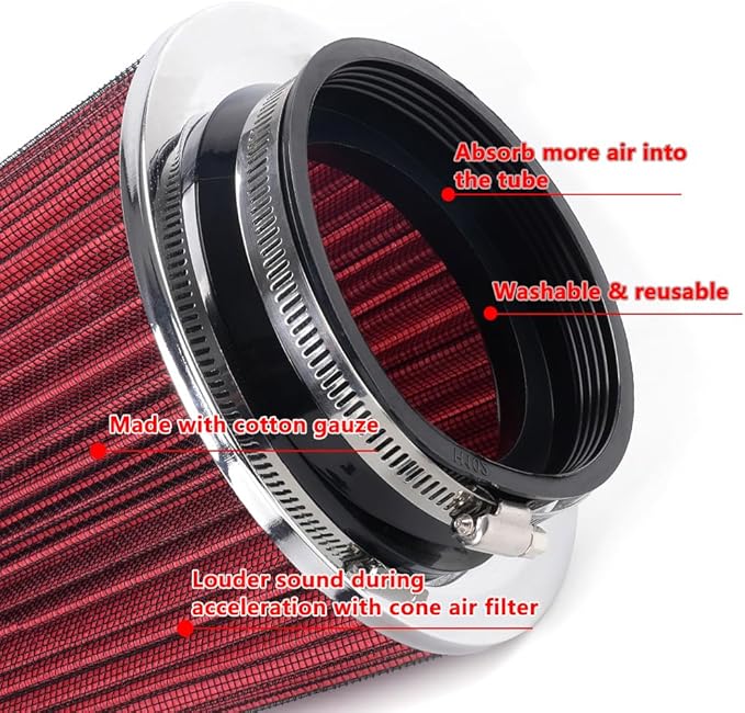 4-Inch Cold Air Intake Filter - Washable, High Performance, 3" or 3-1/2" or 4" Clamp-On Replacement Air Filter Red (8" Tall)