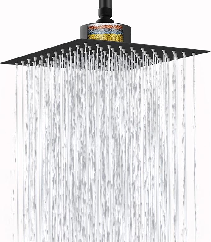 High Pressure Rain Shower Head with Filtered - 10" All Metal Square Showerhead Filter for Remove Chlorine and Harmful Substances, Matte Black