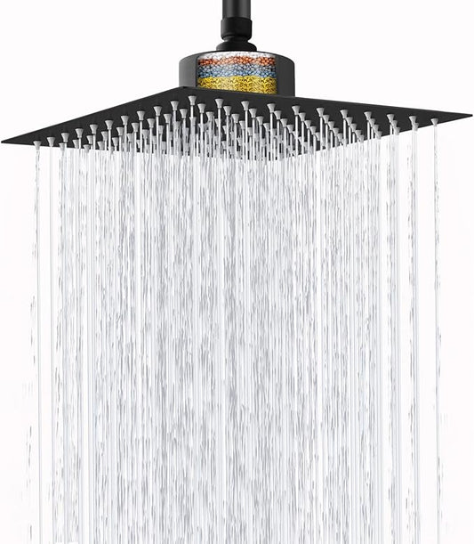 High Pressure Rain Shower Head with Filtered - 10" All Metal Square Showerhead Filter for Remove Chlorine and Harmful Substances, Matte Black