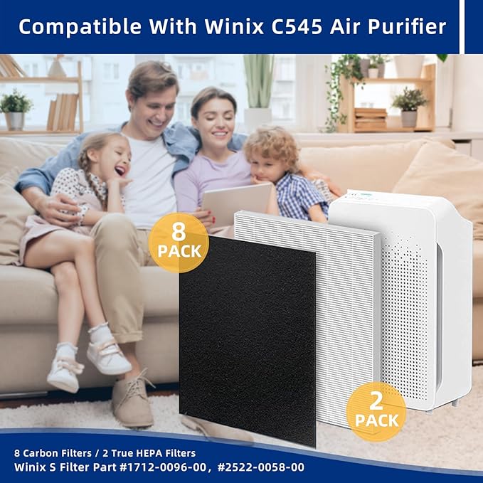 C545 Replacement Filter S Compatible with Winix C545 B151 P150 9300 Air Purifier - 2 True HEPA Filters + 8 Activated Carbon Pre-Filters - Compare to Part # 1712-0096-00, 2522-0058-00