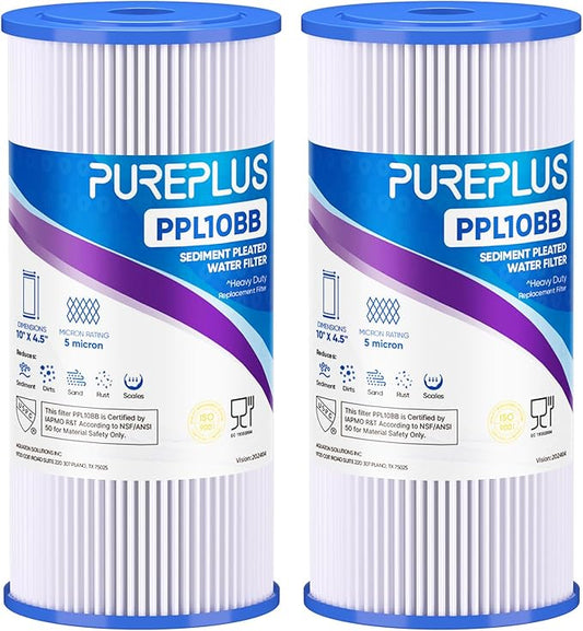PUREPLUS 5 Micron 10" x 4.5" Whole House Pleated Sediment Filter for Well Water, Replacement Cartridge for GE FXHSC, Culligan R50-BBSA, Pentek R50-BB, DuPont WFHDC3001, W50PEHD, GXWH40L, 2Pack