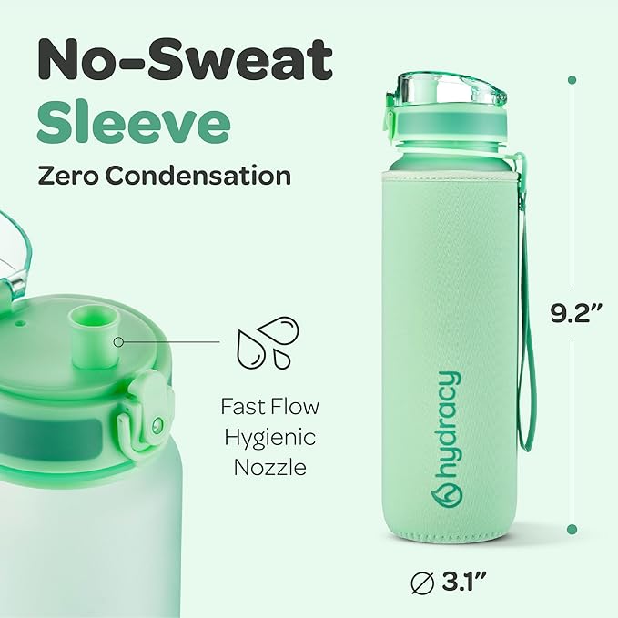 Hydracy Water Bottle with Time Marker -Large BPA Free Water Bottle & No Sweat Sleeve -Leak Proof Gym Bottle with Fruit Infuser Strainer & Times to Drink -Ideal for Fitness Sports & Outdoors