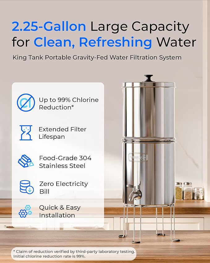 Waterdrop Gravity-fed Water Filter System, Reduces Lead and up to 99% of Chlorine, NSF/ANSI 42&372 Standard, with 2 Black Carbon Filters and Metal Spigot, King Tank Series