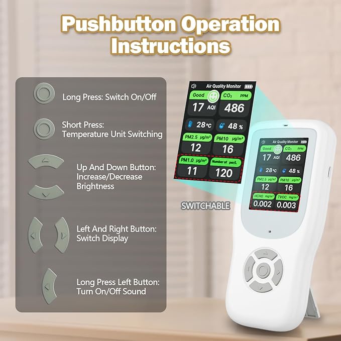 11-in-1 Air Quality Monitor - Portable Indoor Air Quality Detector with Stand, Real-Time Test for AQI, CO2, PM2.5, PM1.0, PM10, TVOC, HCHO, Particles, Temperature & Humidity with Aler (White-Black)
