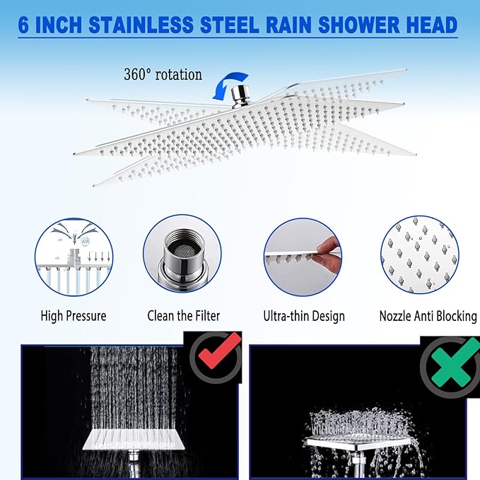 Dual Shower Heads with Handheld Spray Combo, 6" High Pressure Square Rain Shower Head with Hose 78" Stainless Steel & 3-Way Diverter, Anti-Clog Nozzles, Ultra Thin Water Saving, Chrome, AWAXFOLO