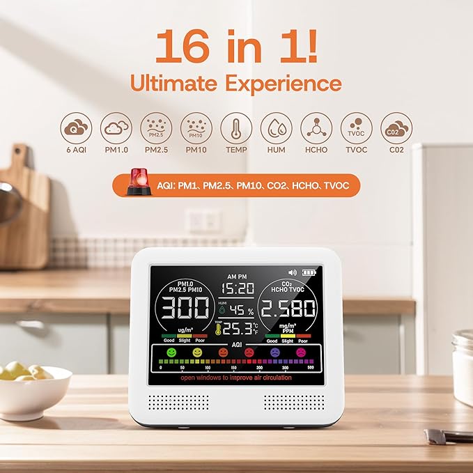 16-in-1 Indoor Air Quality Monitor with PM1.0,PM2.5,PM10,CO2,HCHO,TVOC,Temperature,Humidity,Time Display &7 AQI Alarms – Professional Air Quality Tester for Home, Office & Indoor Use (Creamy White)