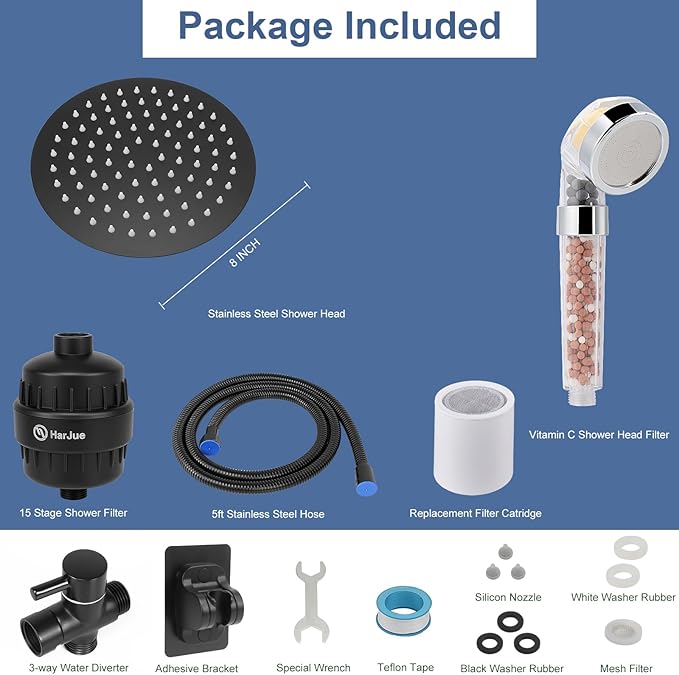 HarJue Filter Shower Head, High Pressure 8 Inch Rainfull with Filter Combo for Hard Water, Remove Chlorine Fluoride and Harmful Substances- 1 Replaceable Filter Cartridge (Round, Matte Black)