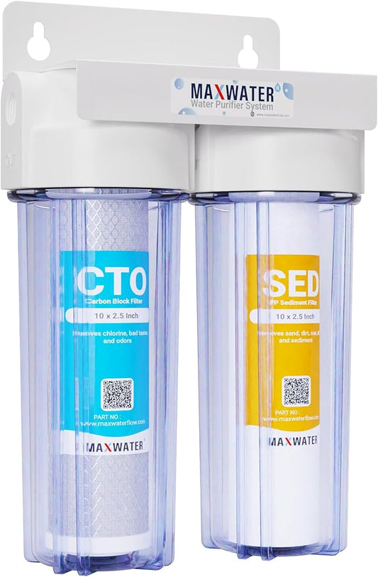 Max Water 2 Stage (Sediment, Odor & Improving Taste) Whole House 10 inch, Standard Water Filtration System - Clear Housing - Sediment + Carbon Block Filter - ¾ Inlet/Outlet
