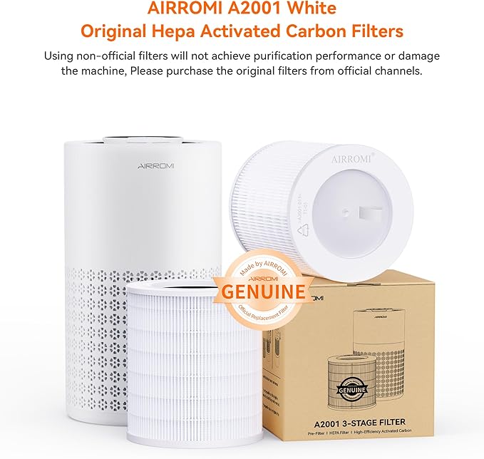 AIRROMI A2001 HEPA Air Purifier Replacement Filter, 3-In-1 Original Filter, Remove 99.97% of 0.3 Micron Particle 1 Pack White Activated Carbon
