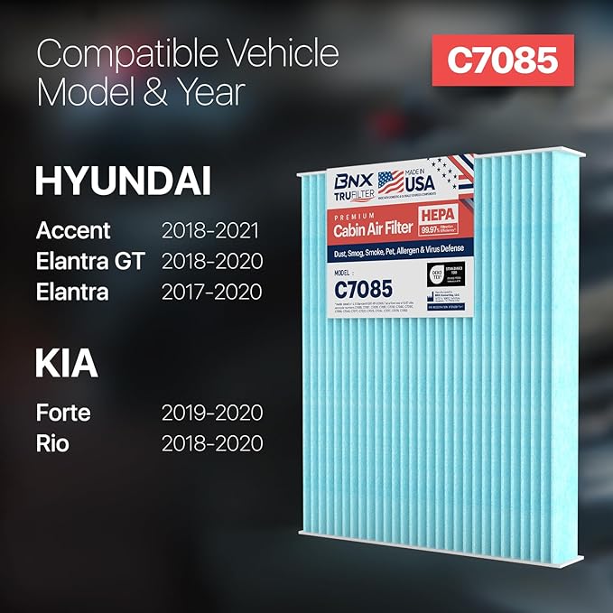 BNX TruFilter C7085 Cabin Air Filter, HEPA 99.97%, MADE IN USA, Compatible With Hyundai: Accent, Elantra, Elantra GT; Kia: Forte, Rio