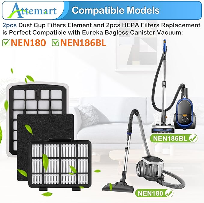 Replacment Filter Compatible with Eureka NEN186BL NEN180 Bagless Canister Vacuum Cleaner Replacement Parts, 2 Filters & 2 Dust Cup Filters Element, 4 Pack
