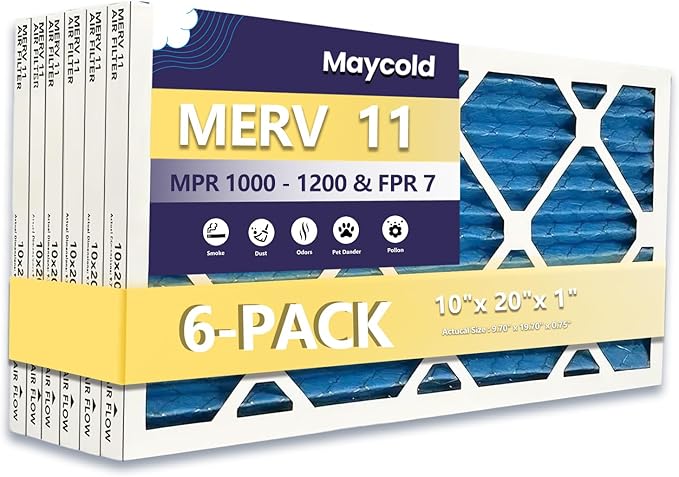 Maycold 10x20x1 MERV 11 Furnace Air Filter (6-Pack), High-Performance HVAC AC Filters for Home Use, Actual Size: 9.70” x 19.70” x 0.75”, Individually Wrapped in Plastic