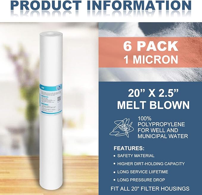 Membrane Solutions 1 Micron Sediment Water Filter Replacement Polypropylene Cartridge 20"x2.5" for Whole House Filter System - 6 Pack