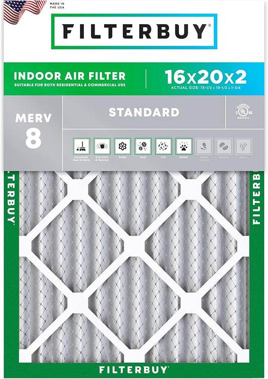 Filterbuy 16x20x2 Air Filter MERV 8 (MPR 700) Dust Defense Replacement (1-Pack), Electrostatic Pleated HVAC AC Furnace Filters, Made in USA (Actual Size: 15.50 x 19.50 x 1.75)
