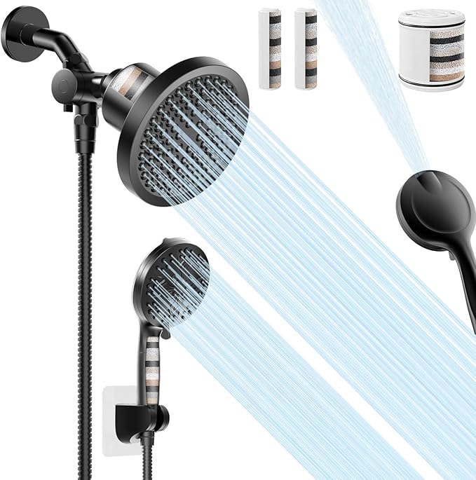 Filtered Shower Head With Handheld Spray Combo, High Pressure 6" Rain Showerhead & 5" Handheld Dual Shower Head with Filters, Double Shower Heads Set for Hard Water, 69" Shower Hose,Black