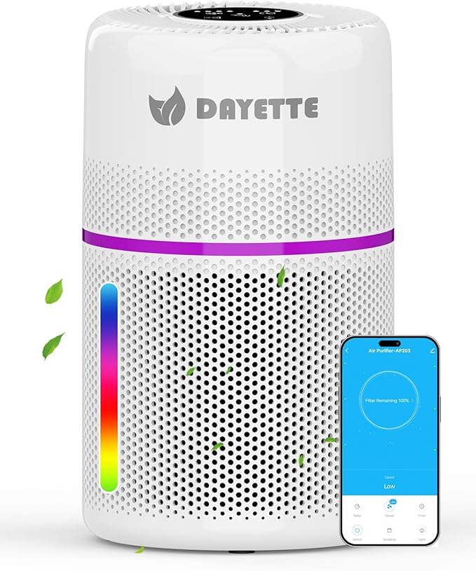 Air Purifiers for Bedroom with 7 Color Light, DAYETTE Smart Wifi H13 Air Purifier for Home Large Room Up to 1500 Ft², APP Control & 20 dB Sleep Mode for Dust Pollen Dander Smoke