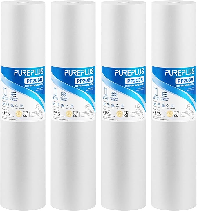 PUREPLUS 5 Micron 20" x 4.5" Whole House Sediment Home Water Filter Replacement Cartridge, Compatible with DGD-5005-20, AP810-2, P5-20BB, FP25B, FPMB5-20, 155358-43, SDC-45-2005, 4 Pack