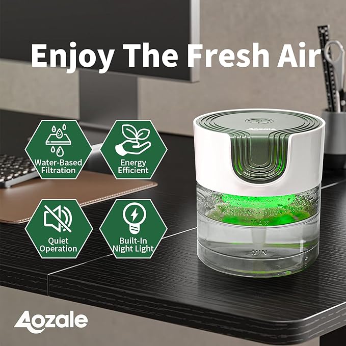 Aozale Water Air Purifier for Home, Quiet Variable Speed Water-Based Air Purifiers with LED Night Light, Essential Oil Aroma Diffuser, Humidifier & Freshener - for Home Pets Odors, Smoke (Green)