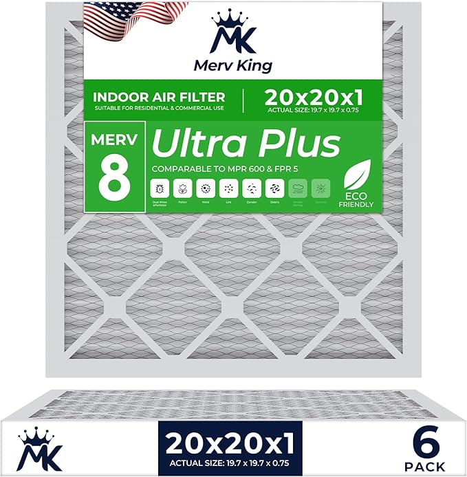 MervKing 20x20x1 Air Filter Actual Size: 19.7" x 19.7" x 0.75" MERV 8 MPR 600-700 | MADE IN USA | 6-Pack | Pleated HVAC AC Furnace Replacement