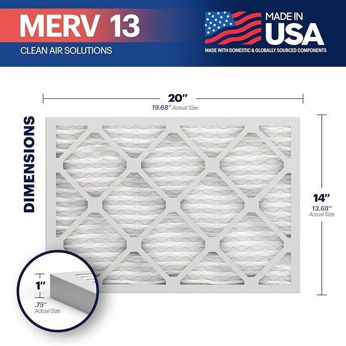 BNX TruFilter 14x20x1 MERV 13 (12-Pack) AC Furnace Air Filter - MADE IN USA - Electrostatic Pleated Air Conditioner HVAC AC Furnace Filters - Removes Pollen, Mold, Bacteria, Smoke