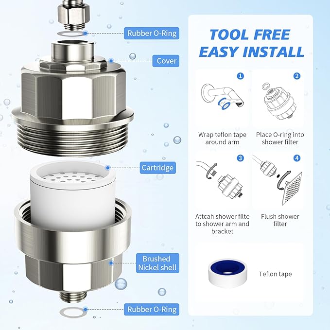 20-Stage Shower Filter-Shower Head Filter for Hard Water, with 3 Replaceable Cartridges, High Output Shower Water Filter for Removing Chlorine and fluoride, Brushed Nickel