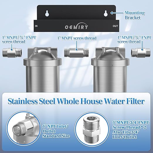Whole House Water Filter, Stainless Steel Filter Housing, 2-Stage 10"x4.5" Sediment Carbon Filter Pre-Filtration System for Well or City Water, 1" or 3/4" NPT Port, 2 Filters