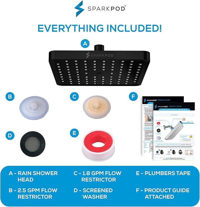 SparkPod Shower Head - High Pressure Rain - Premium Quality Luxury Design - 1-Min Install - Easy Clean Adjustable Replacement for Your Bathroom Shower Heads (Midnight Black Matte, 8 Inch Square)