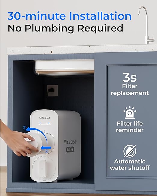 Waterdrop G5P500A Alkaline Mineral pH+ Reverse Osmosis Water Filter, NSF/ANSI 372 Certified, 8 Stage Reverse Osmosis System, 500G RO Water Filtration System, 2:1 Pure to Drain, Reduces TDS, BPA Free