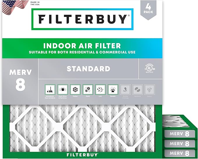 Filterbuy 17x17x1 Air Filter MERV 8 (MPR 700) Dust Defense Replacement (4-Pack), Electrostatic Pleated HVAC AC Furnace Filters, Made in USA (Actual Size: 17.00 x 17.00 x 0.75)