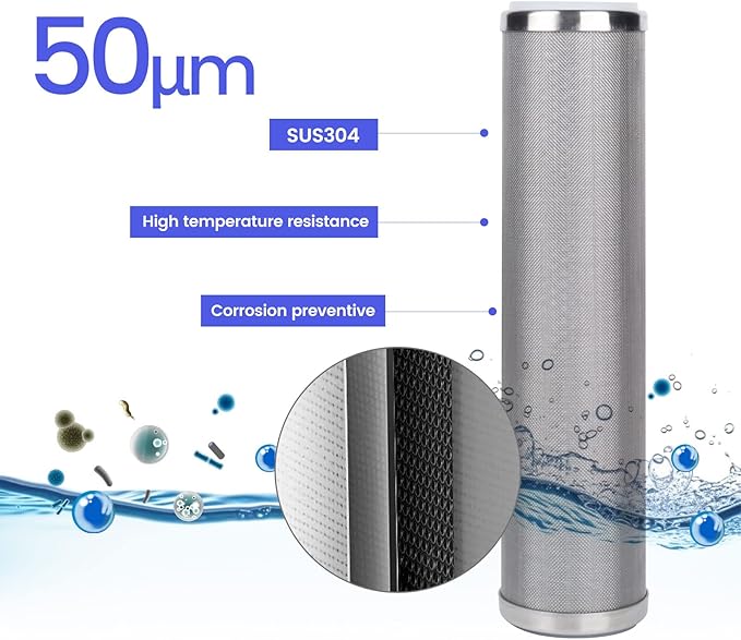 Amwater Stainless Steel Cleanable Wire Mesh Filter Cartridge 10”Length,2.5"OD(50 Micron)