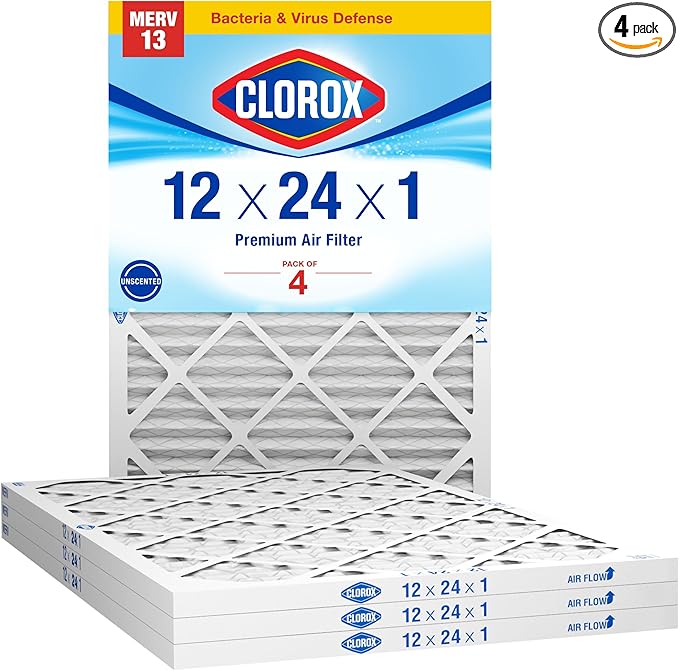 Clorox 12x24x1 Air Filter, MERV 13 Pleated HVAC AC Furnace Air Filters, MPR 1500 & FPR 10 – Pack of 4