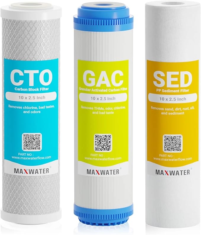 Max Water 5 Micron Replacement 10 x 2.5 inch Filter Cartridge Set For Standard RO | Reverse Osmosis Water Filter Systems - PP Sediment, GAC & CTO | Compatible with AP110, WHKF-GD05, WHKF-WHWC, GAC-10