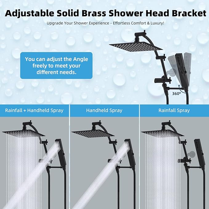 Hibbent All Metal 8'' Rainfall Shower Head, Square Shower Head Combo, High Pressure Handheld Shower Wand, 4 Sprays, 16'' Adjustable Arc-shaped Extension Arm, 71'' Hose, Showerhead Holder, Matte Black