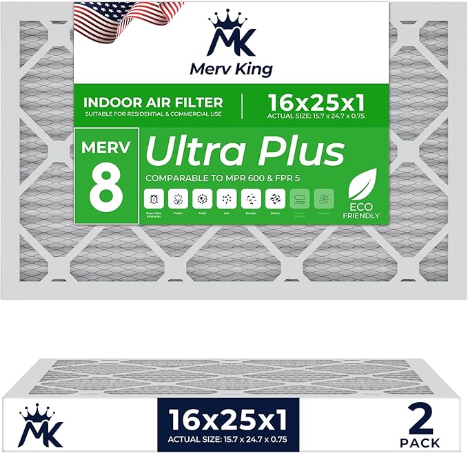 MervKing 16x25x1 Air Filter Actual Size: 15.7" x 24.7" x 0.75" MERV 8 MPR 600-700 | MADE IN USA | 2-Pack | Pleated HVAC AC Furnace Replacement