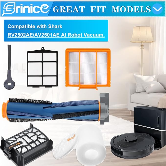 Replacement Parts for Shark AI Robot Vacuum AV2501S AV2501AE RV2502AE RV2520AOUS AV2510AOUS RV2610WA Accessories Kit with Main Roller Brush Filters, Foam & Primary Filters, Side Brushes
