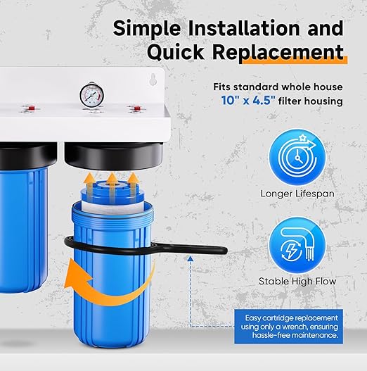 PUREPLUS 2-Stage Whole House Water Filtration System, 10" Universal Home Filtration, with Sediment &Iron Reduce, Carbon Filter, Reduce Iron, Chlorine, Taste, Includes Pressure Gauges, 1" Inlet/Outlet
