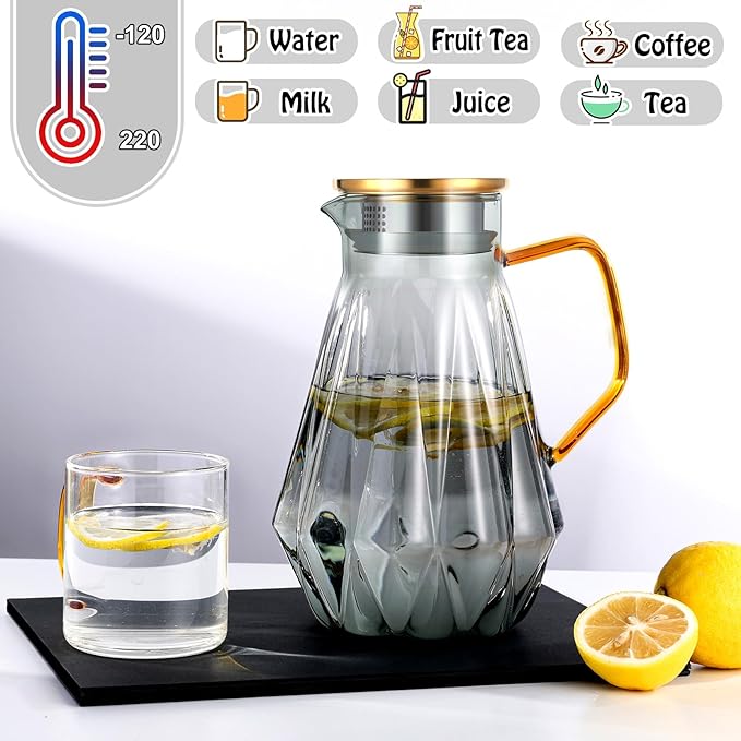 Glass Pitcher with Lid and Spout, Gray Clear Hot & Cold Water Jug with Handle and Lid for Iced Juice, Coffee, Milk, Coffee, Sun Lemonade,Water, Hot Tea (68 oz)