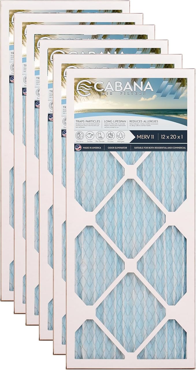 Cabana Filters 12x20x1 AC Furnace Air Filter, Merv 11 Capture Unwanted Particles, Pleated Furnace Filter HVAC AC Filters - Made in the USA - 6 Pack
