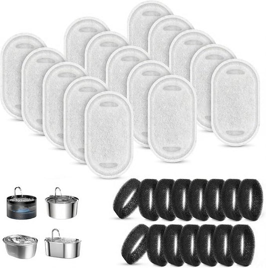 15+15 Pack Pet Water Fountain Filters, Cat Water Fountain Filters Replacement for Dog/Cat Fountain Stainless Steel 108oz/3.2L& 67oz/2L, 7 Months Set to Keep Drinking Fresh