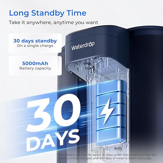 Waterdrop Electric Water Filter Pitcher, Rechargeable Water Dispenser, Instant 200-Gallon 15-Cup Countertop System, NSF/ANSI 401&53&42&372, Reduce PFAS, Lead, Chlorine, Blue, Does not Lower TDS