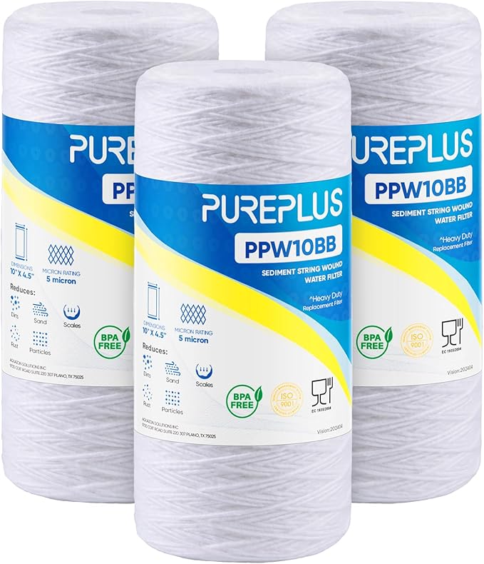 PUREPLUS 5 Micron 10 x 4.5 Whole House String Wound Sediment Filter for Well Water, Replacement Cartridge for 84637, WPX5BB97P, PC10, 355214-45, 355215-45, WP10BB97P, WP5BB97P, 3Pack