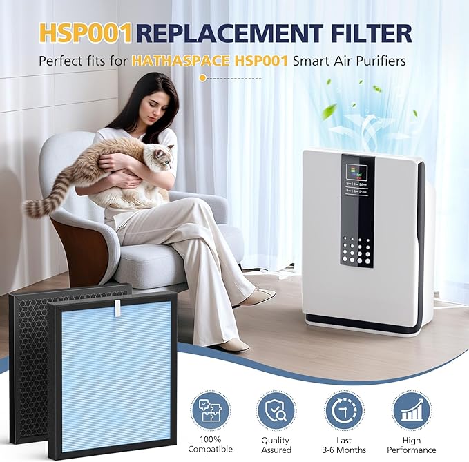 HSP001 Replacement Filter Compatible with HATHASPACE HSP001 Smart Air Purifiers, 4 Stages Filtration with HEPA and Activated Carbon Pre-Filter, 2 Pack