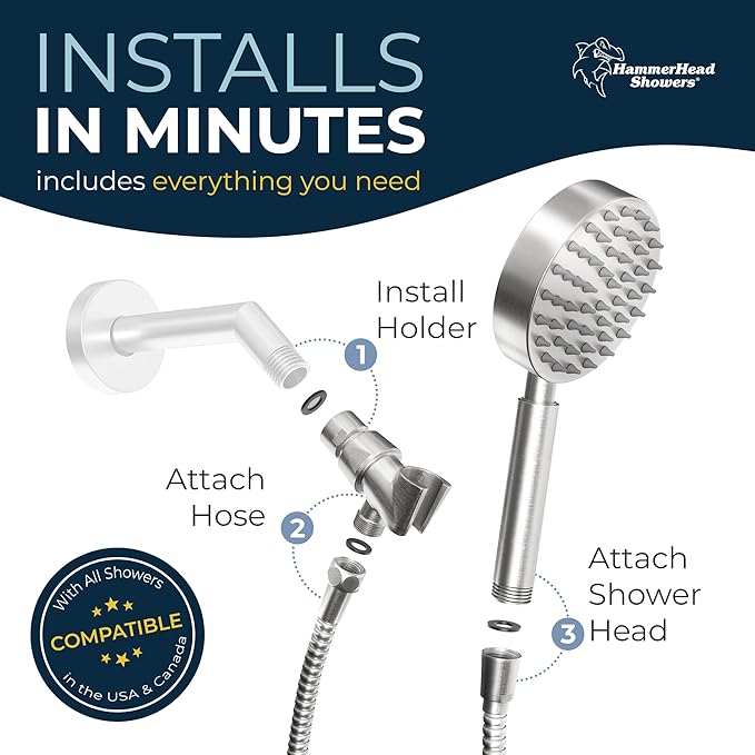 HammerHead Showers® Solid Metal Handheld Shower Head with Hose and Brass Holder - BRUSHED NICKEL - 2.5 GPM High Pressure Shower Heads with Adjustable Shower Wand Bracket - 6ft Flexible Extension
