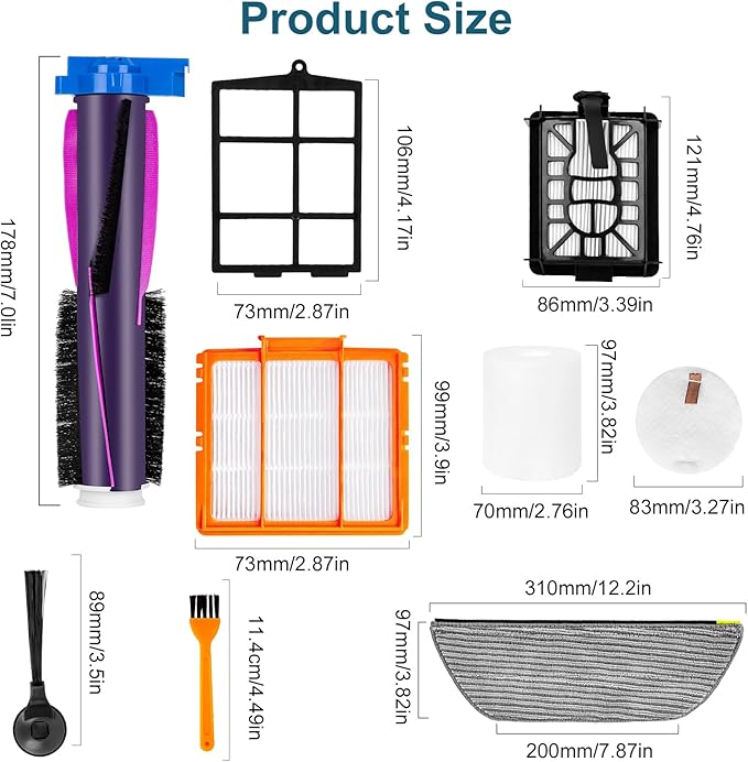 Accessories Kit Replacement Part for Shark Power Detect/Detect Pro AV2800ZE AV2810YS AV/RV2820ZE/YE Robot Vacuum,Main Brush,Primary Filters,Foam Filters,Pre/(Post)-Motor Filters,Side Brush (18 Pack)