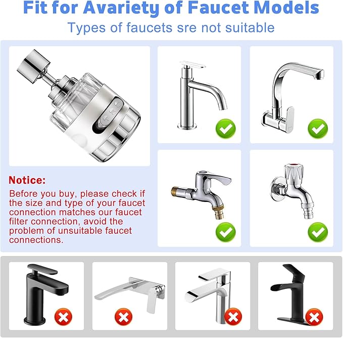 3 Pack Sink Water Filter Faucet, Universal 360 ° Rotating Faucet Filter for Kitchen Sink, 3 Modes Bathroom Faucet Filter Removes Chlorine Fluoride Heavy Metals Hard Water for Home Kitchen & Bathroom