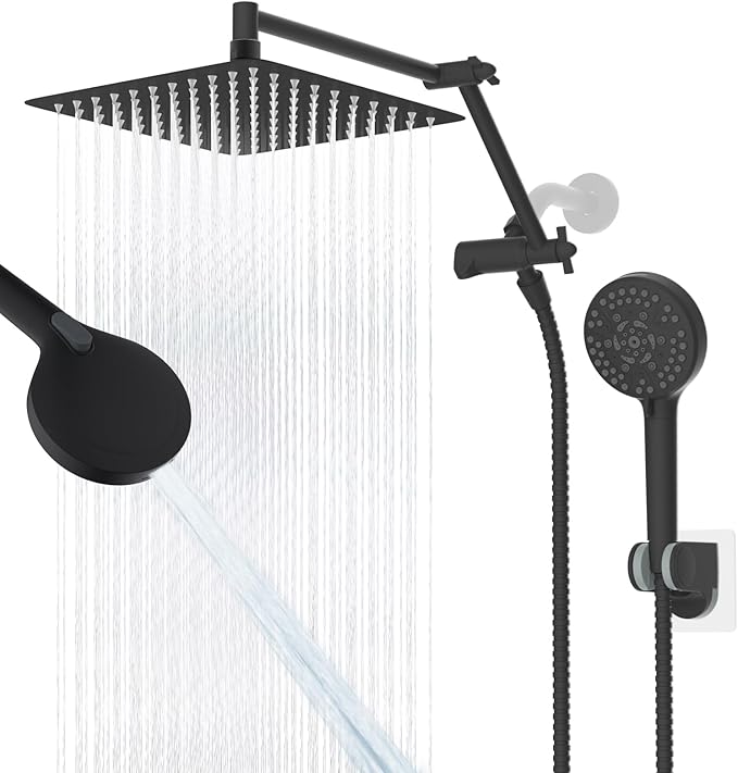 iFealClear Metal Rain Shower Head, 10” High Pressure Rainfall Shower Head with Handheld Spray Combo, 10-Spray Handheld Built-in Power Wash, 16" Shower Extension Arm, 3-Way Diverter, Matte Black
