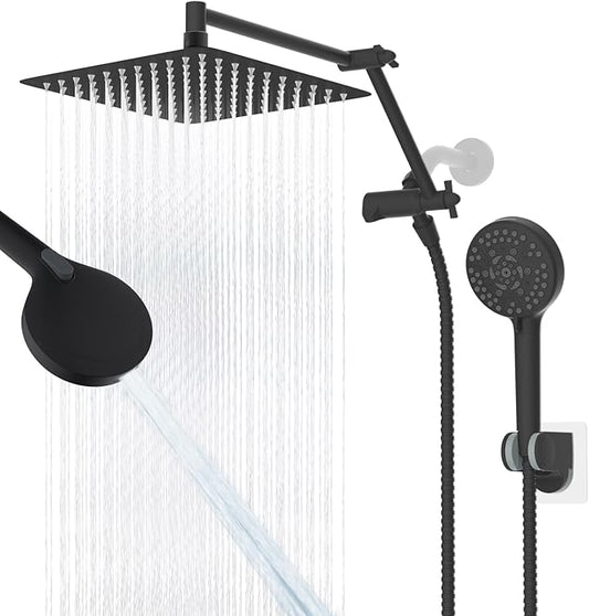 iFealClear Metal Rain Shower Head, 10” High Pressure Rainfall Shower Head with Handheld Spray Combo, 10-Spray Handheld Built-in Power Wash, 16" Shower Extension Arm, 3-Way Diverter, Matte Black