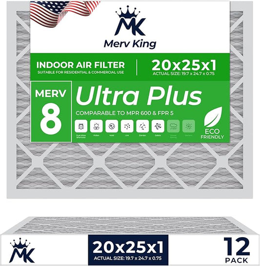 MervKing 20x25x1 Air Filter Actual Size: 19.7" x 24.7" x 0.75" MERV 8 MPR 600-700 | MADE IN USA | 12-Pack | Pleated HVAC AC Furnace Replacement