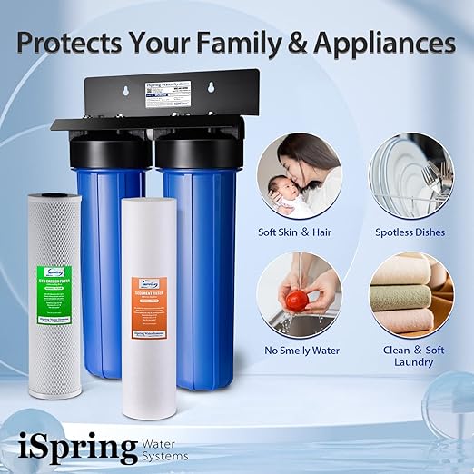 iSpring WGB22B 2-Stage Whole House Water Filtration System, 20” x 4.5” Sediment & Carbon Block Filters, Removes up to 99% Chlorine, Fine Sediment and Bad Taste Removal